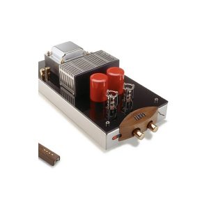 Vacuum-tube audio amplifier with large finned power transformer, red capacitors, and wooden front panel with dual knobs.