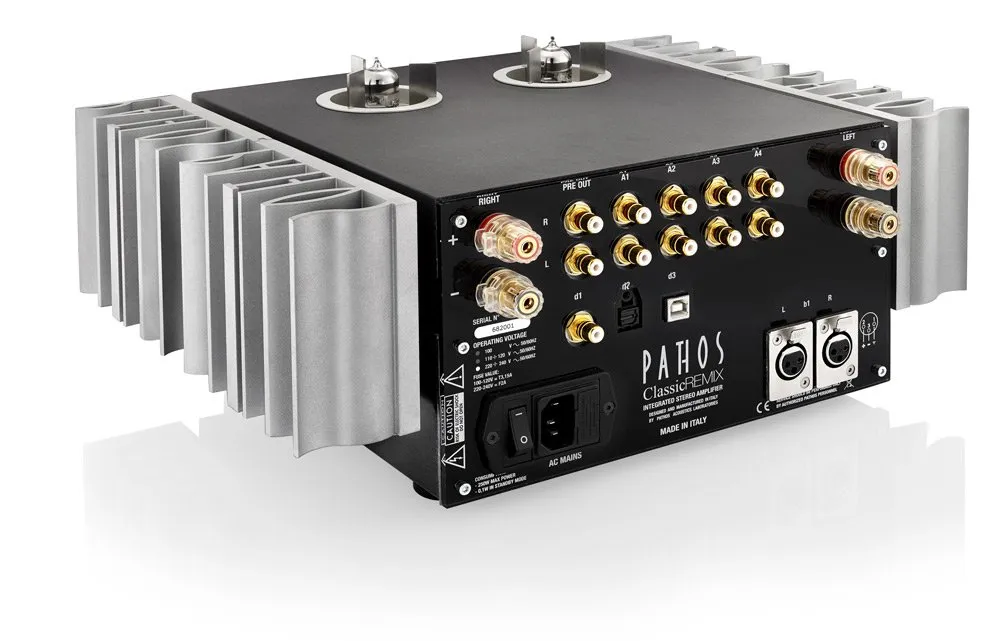 Pathos Classic Remix Pathos classic remix integrated stereo amplifier with aluminum side heatsinks and gold-plated binding posts.