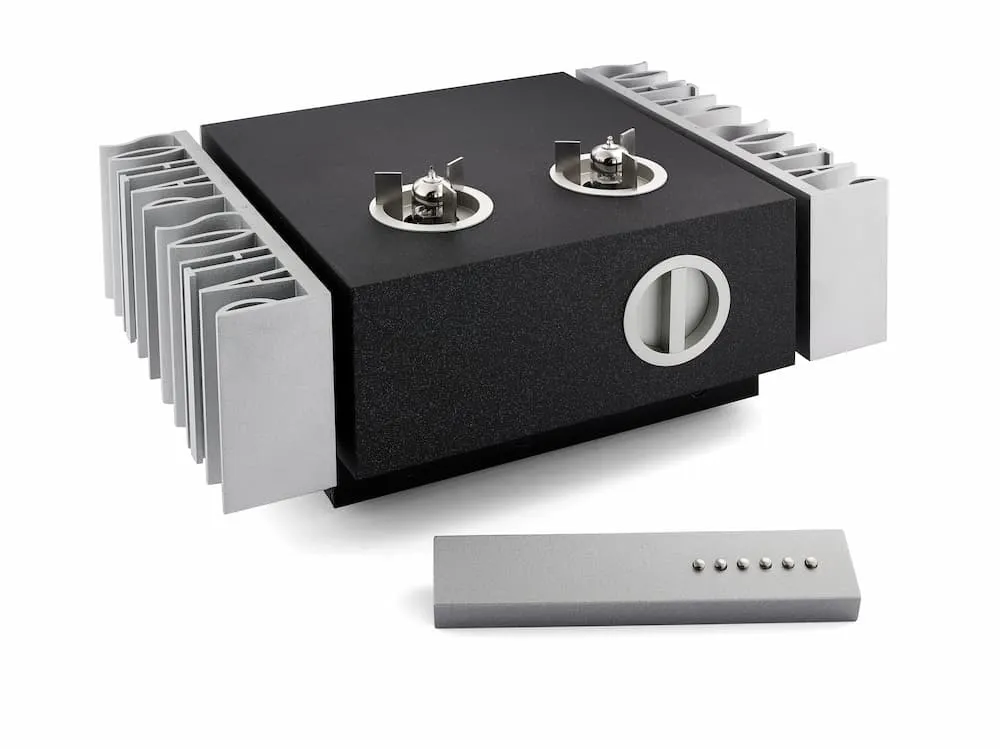Pathos Classic Remix Dual power transistor module with side aluminum heatsinks and front circular port; includes a separate control panel.