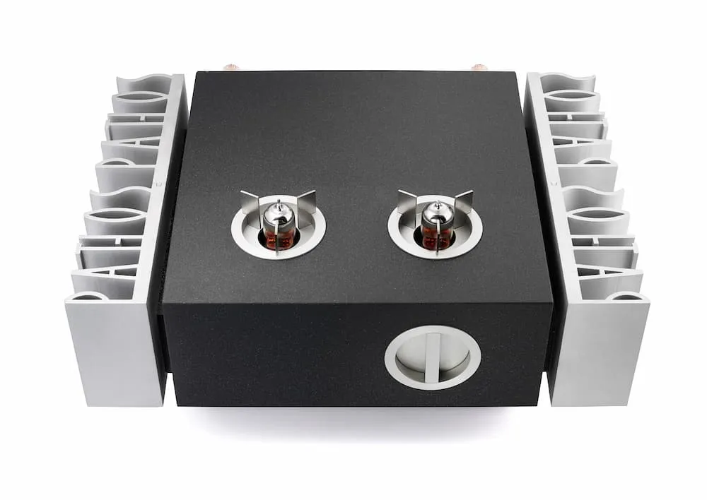 Pathos Classic Remix Dual vacuum-tube audio amplifier with black rectangular chassis and aluminum side heatsinks, front circular control knob.
