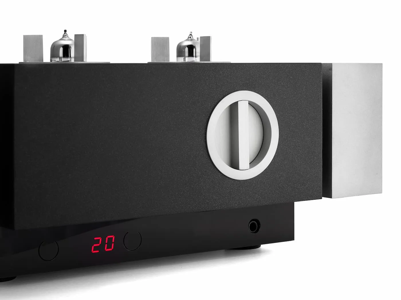 Pathos Classic Remix Tube audio amplifier with black matte chassis, circular white-ring dial, red led display showing 20, and vacuum tubes on top.