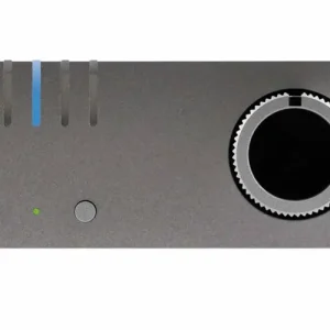 Front panel of a gray audio amplifier with a large knurled right side volume knob and vertical LED level bars.
