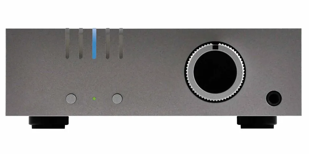 Pathos Converto Mkii Front panel of a gray audio amplifier with a large knurled right side volume knob and vertical led level bars.