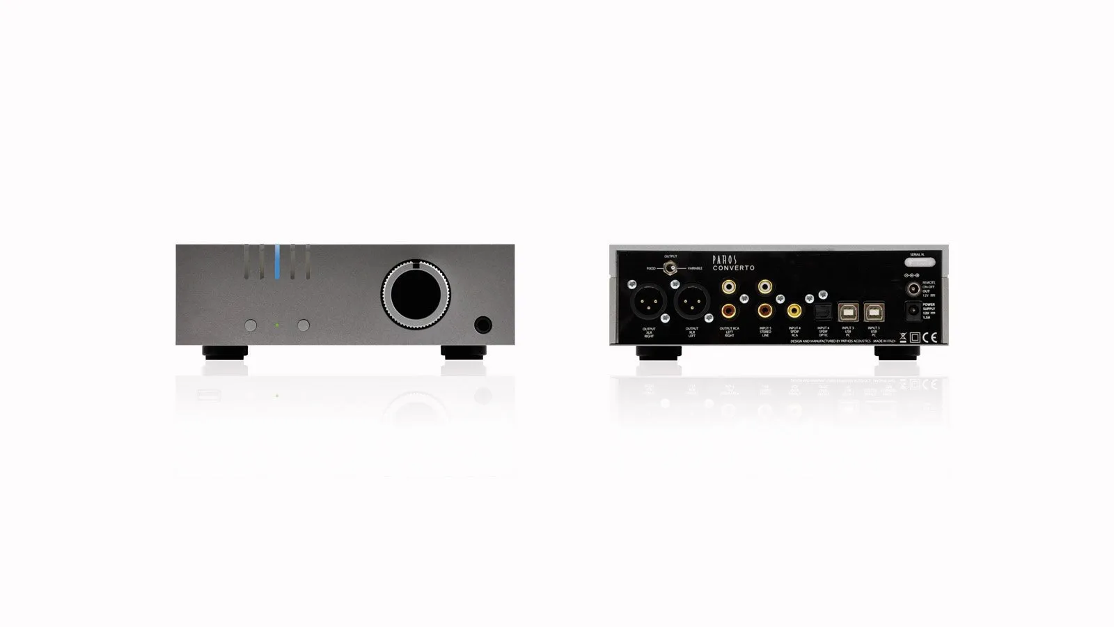 Pathos Converto Mkii Pathos converto preamplifier front panel with large round volume knob and rear panel featuring rca and xlr inputs and outputs.
