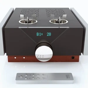 Premium audio amplifier with wooden base, black front, large chrome volume knob, blue LED display, two burner top vents, remote.