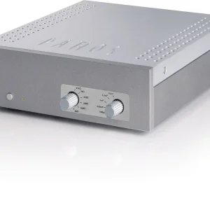 PANDAS brand metal stereo audio preamplifier with two knurled knobs and resistor-capacitor value scales on the front panel.