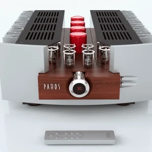 Pathos stereo vacuum-tube amplifier with wooden front panel, vented top covers, and a remote control.