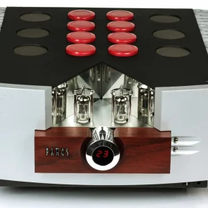 Pathos tube amplifier with vacuum tubes, wooden front panel, red control knobs, and chrome heatsinks.
