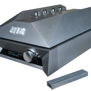 Unknown-brand tube stereo amplifier with five vacuum tubes on top, angular metallic chassis, front display and large volume knob.