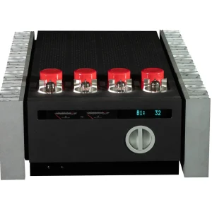 Tube audio amplifier with four vacuum tubes, red caps, side heatsinks, and a blue digital display.