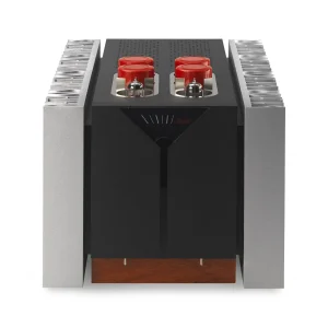 Vacuum tube stereo amplifier with exposed valves, red filter capacitors, black center chassis, silver heatsinks, and wooden base.