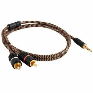 Braided audio cable with dual RCA connectors on one end and 3.5mm stereo plug on the other.