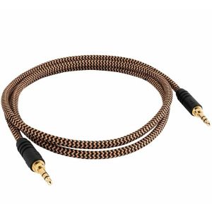 Brown and black braided 3.5mm audio cable with gold-plated connectors.