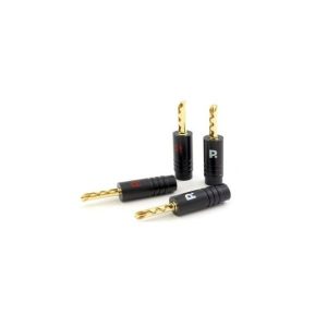 These are gold-plated pin-style speaker connectors with black ribbed housings labeled L and R.