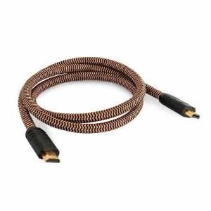 Braided orange-black HDMI cable with gold-plated connectors on both ends.