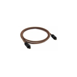 Braided brown and black cable with two black connectors and gold-plated tips.