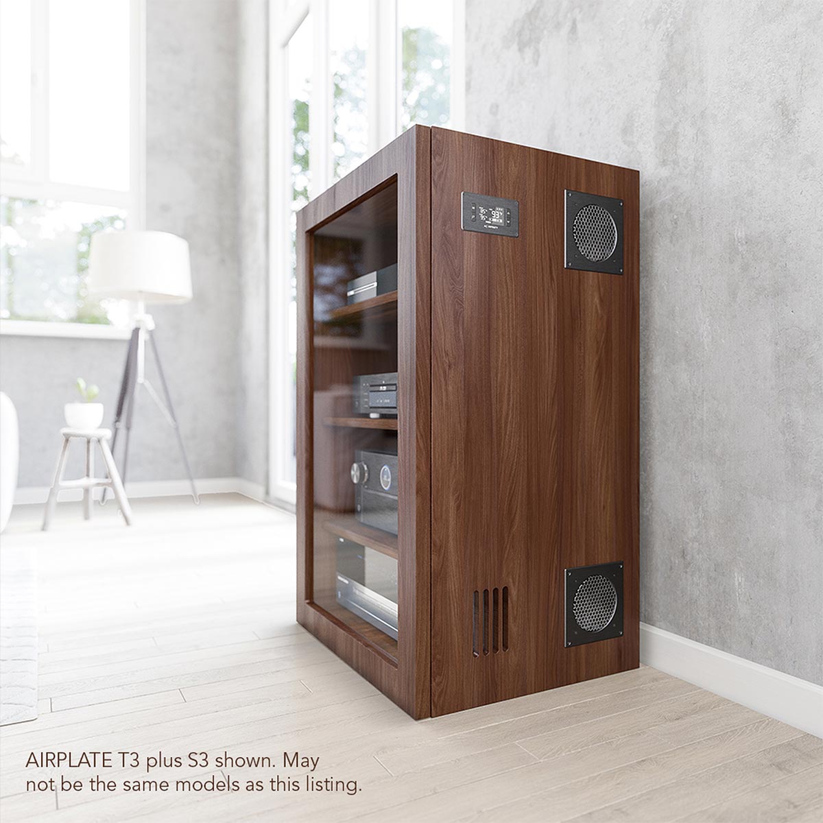 Ac Infinity Airplate S2 Wooden audio cabinet with glass door displaying components; side panels have circular ventilation grills.