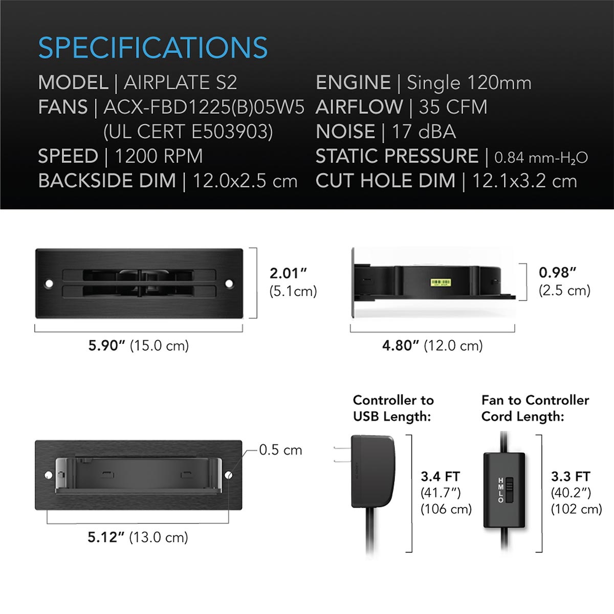 Ac Infinity Airplate S2 Airplate s2 cooling unit specification sheet with 1200 rpm fan, 35 cfm, 0. 84 mm-h2o, and dimensions.