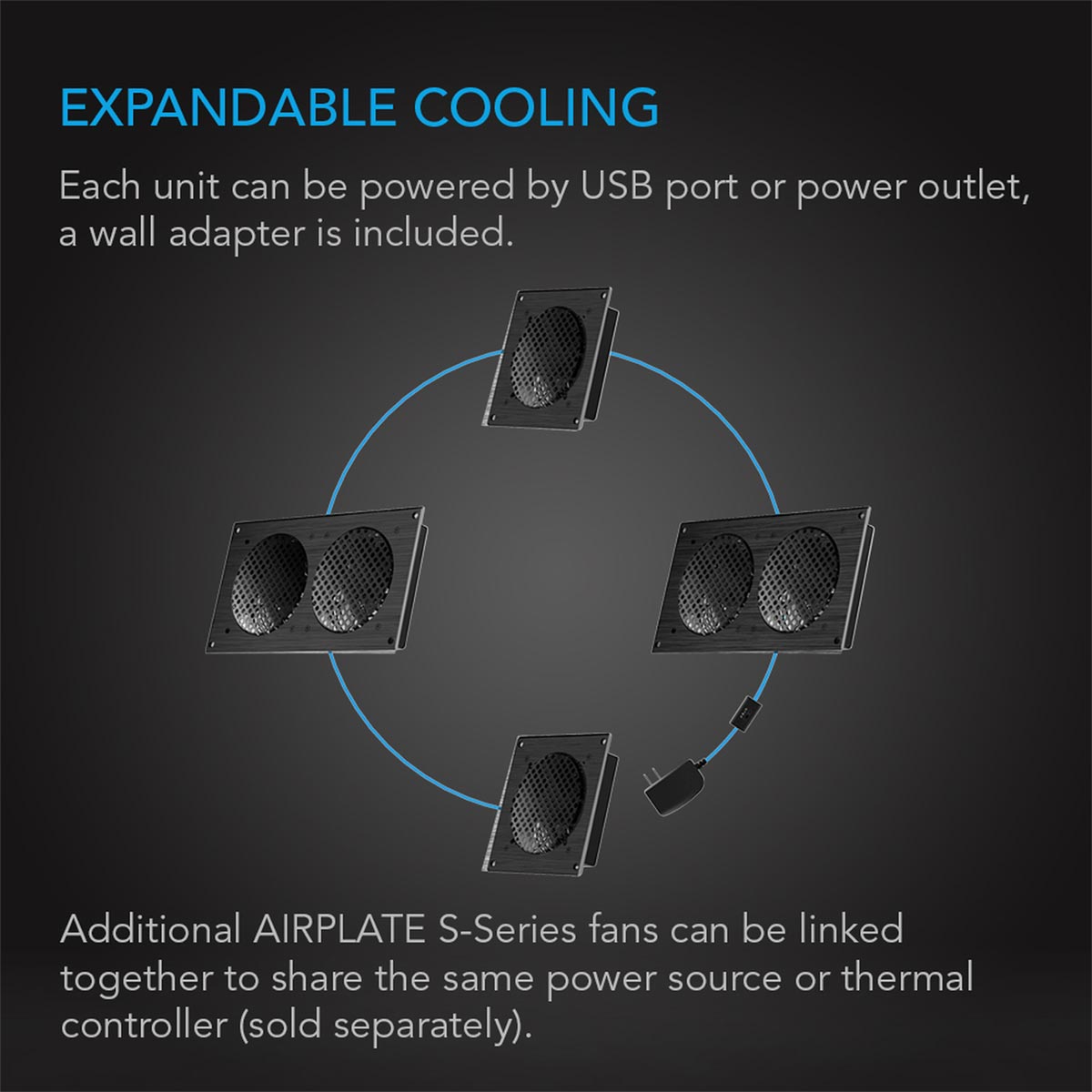 Ac Infinity Airplate S2 Expandable cooling system with airplate s-series fans arranged in a circle, powered by usb port or wall adapter.