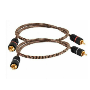 Braided copper-toned stereo RCA interconnect cable with gold-plated connectors at both ends.