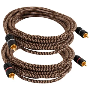 Two brown and black braided RCA audio cables with gold-plated connectors.