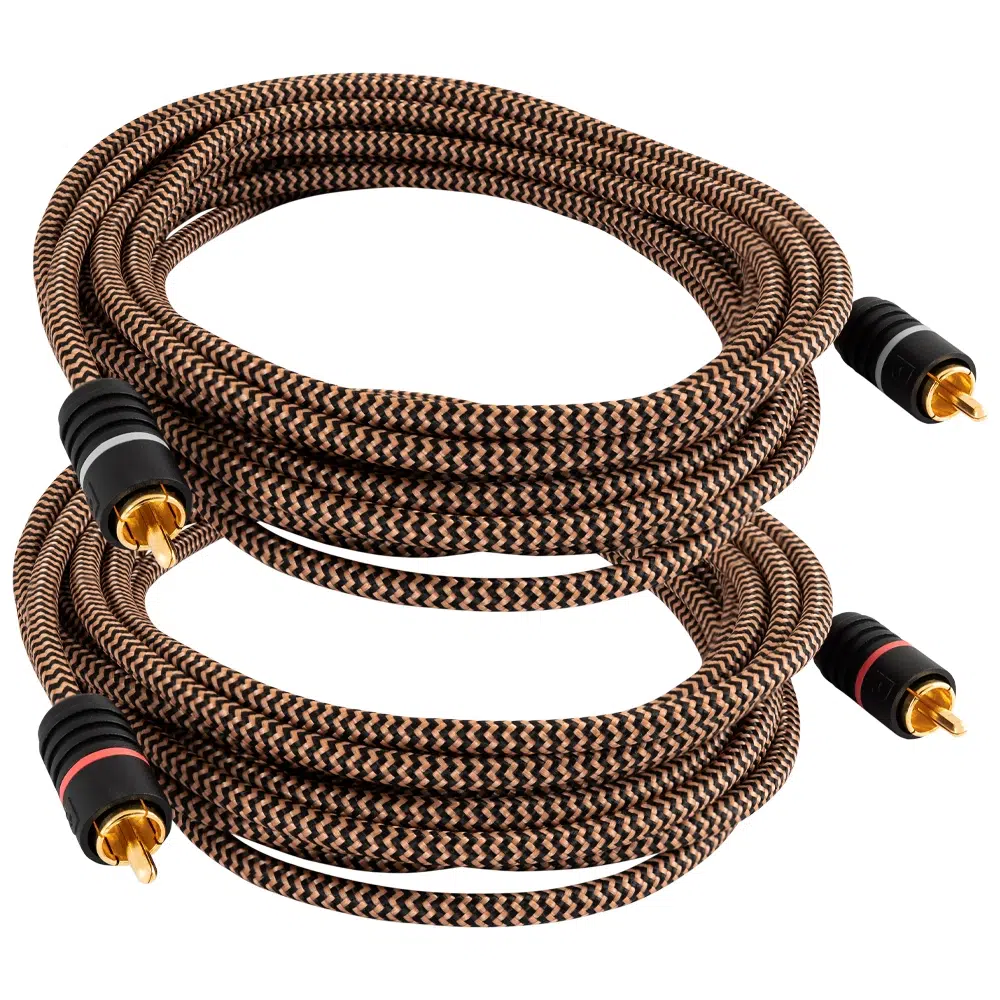 Proson Arrca3 Two brown and black braided rca audio cables with gold-plated connectors.