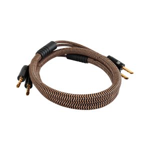 Braided copper-colored speaker cable with gold-plated banana plugs on both ends.