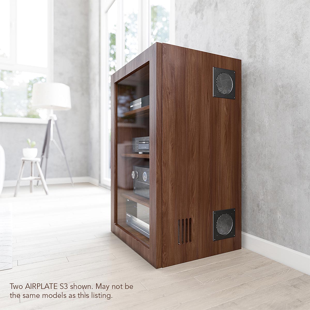 Ac Infinity Airplate S3 Airplate s3 wooden audio cabinet with glass door, interior stereo components, and two ventilation grills on the side