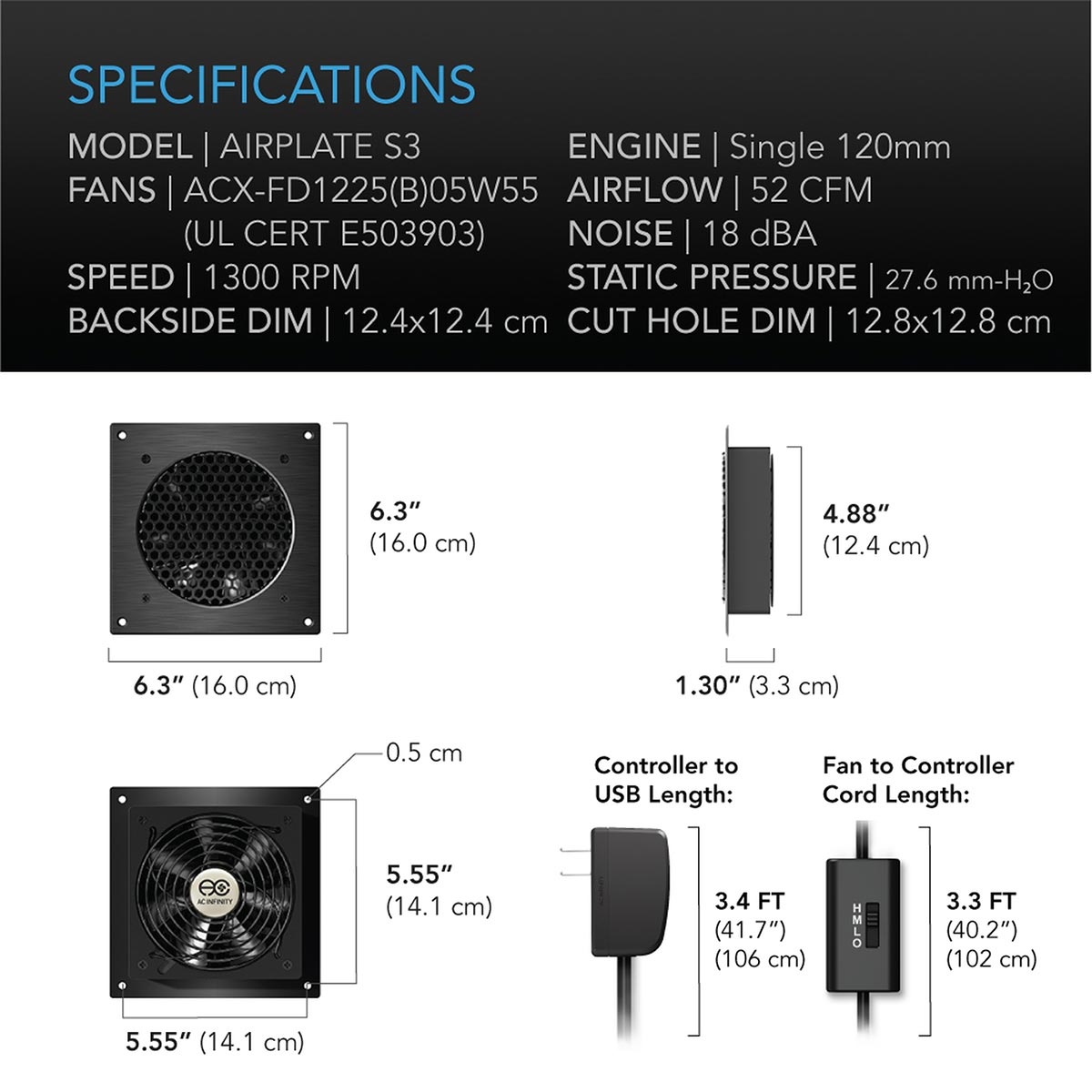 Ac Infinity Airplate S3 Airplate s3 cooling module with 120mm fan, 52 cfm, 18 dba, 6. 3x6. 3 inch base, 1. 30 inch thick, includes controller cable