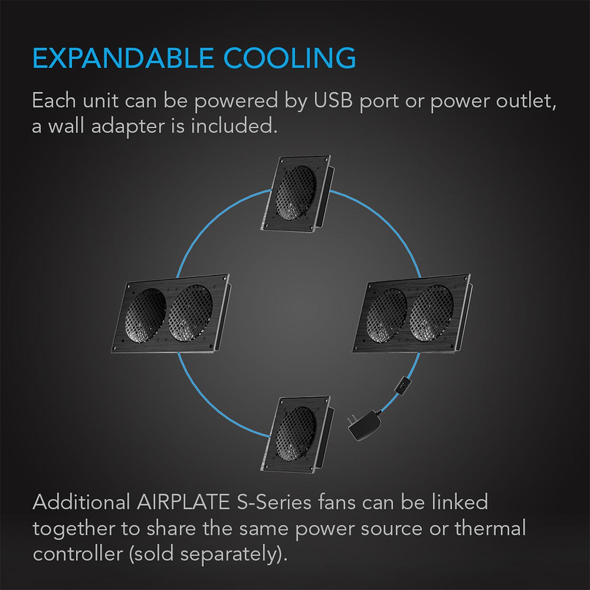 Ac Infinity Airplate S3 Expandable cooling system with airplate s-series fans; modular square panels with dual circular grills and usb/power options