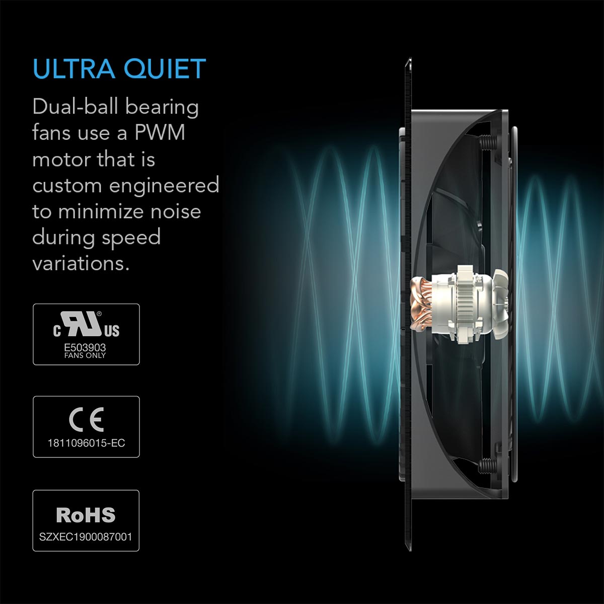Ac Infinity Airplate S3 Pc cooling fan with dual-ball bearing and pwm motor in a black housing; brand/model not visible.