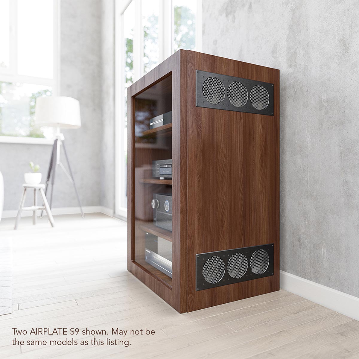 Ac Infinity Airplate S9 Tall walnut hi-fi cabinet housing audio components with glass door and three circular perforated vent panels