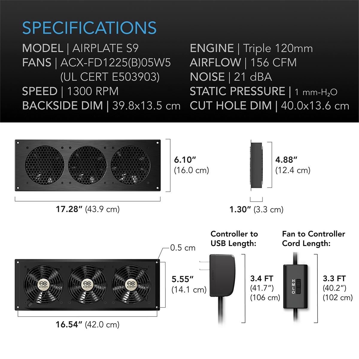 Ac Infinity Airplate S9 Triple 120mm fan cooling unit, model airplate s9, with usb controller and dimensions 17. 28 x 6. 10 x 1. 30 inches.