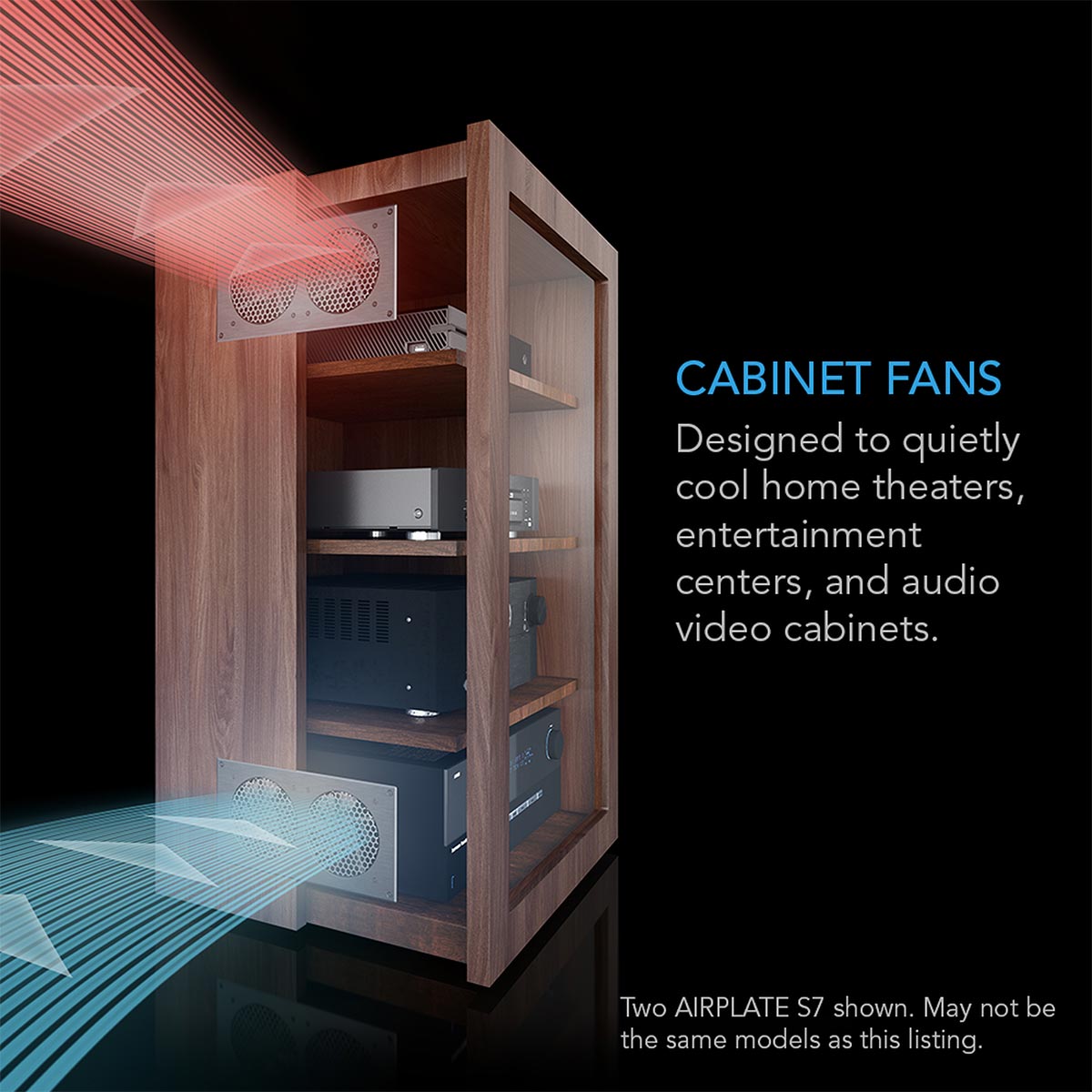 Ac Infinity Airplate S9 Wooden cabinet with glass door housing av components and two airplate s7 cabinet fans for cooling.