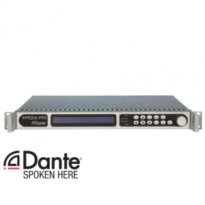 VIPEDIA-PRO Dante rack-mount audio processor with blue LCD display, numeric keypad, and large control knob