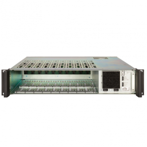 Rack-mount server chassis with numerous drive bays and a vented power supply module on the right.