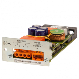 Industrial power supply module with orange terminal block, blue capacitors, copper coil transformer, and edge connector.