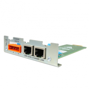 Industrial PCIe network card with two RJ-45 Ethernet ports and an orange standby input terminal block on a metal bracket.