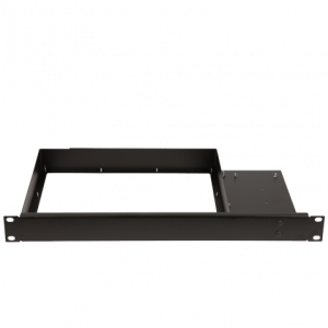 Black metal rackmount chassis frame with side panel and front mounting ears for servers.