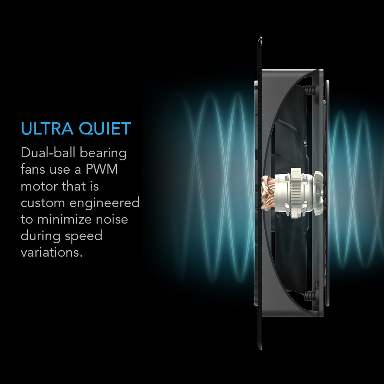 Ac Infinity Airplate T3 Ultra-quiet dual-ball bearing computer fan featuring a pwm motor and visible rotor assembly.