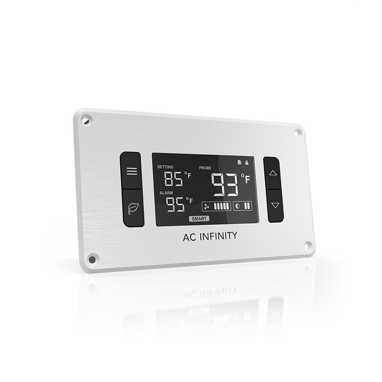 Ac Infinity Airplate T3 Ac infinity digital thermostat controller panel with brushed metal housing, display showing temperatures, left leaf icon button and up/down arrows.