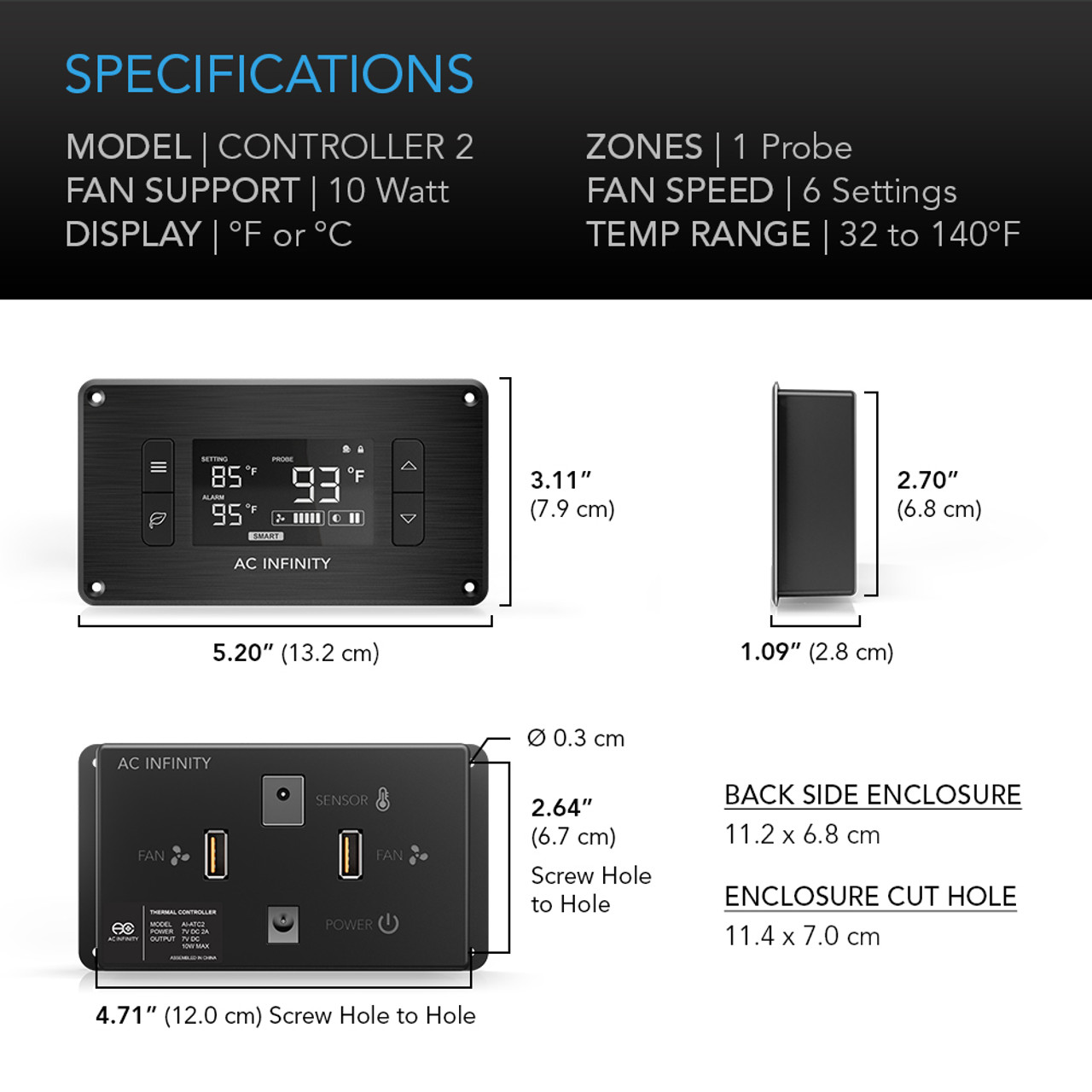 Ac Infinity Airplate T3 Ac infinity controller 2 fan controller with display, single temperature probe, and six fan-speed settings.