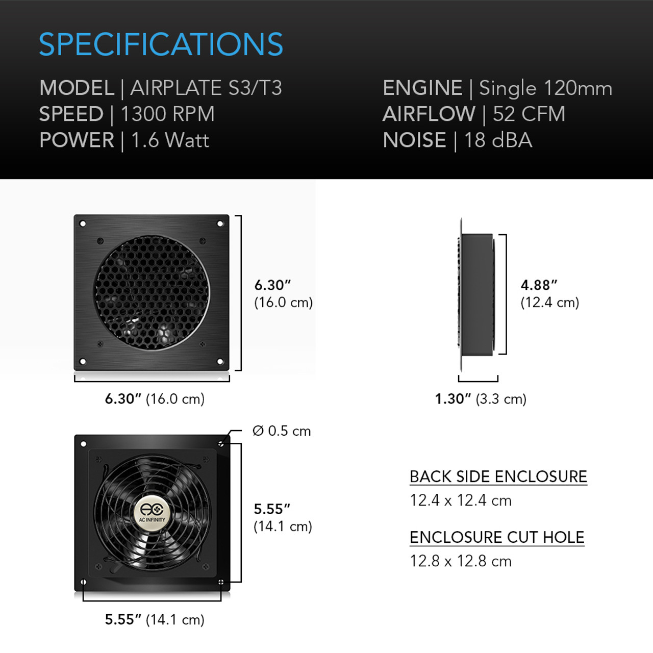 Ac Infinity Airplate T3 Ec infinity airplate s3/t3 enclosure with 120mm fan, 1300 rpm, 1. 6w, 52 cfm, 18 dba