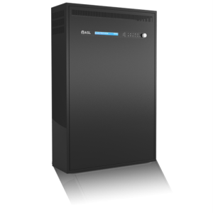 ASL upright black UPS cabinet with blue display and control knob.