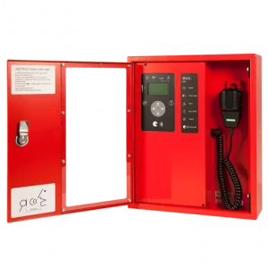 Red fire alarm control panel cabinet features a digital display, keypad, and corded handset.