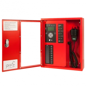 Red wall-mounted fire alarm control panel with LCD display, keypad, indicator LEDs, and attached wall handset inside an open cabinet.