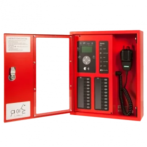 Red metal fire alarm control panel cabinet with display, keypad, switch banks, and wired handheld microphone.