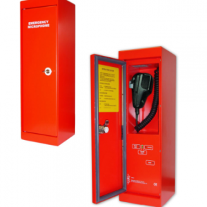 Red emergency microphone box with wall-mounted handset and yellow instruction panel.