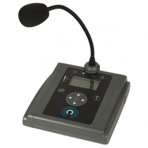 Conference microphone with a flexible gooseneck, mounted on a control base featuring display, circular navigation pad, and blue accent ring.
