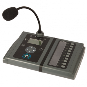 Digital dictation workstation with built-in display, keypad, and adjustable gooseneck microphone.